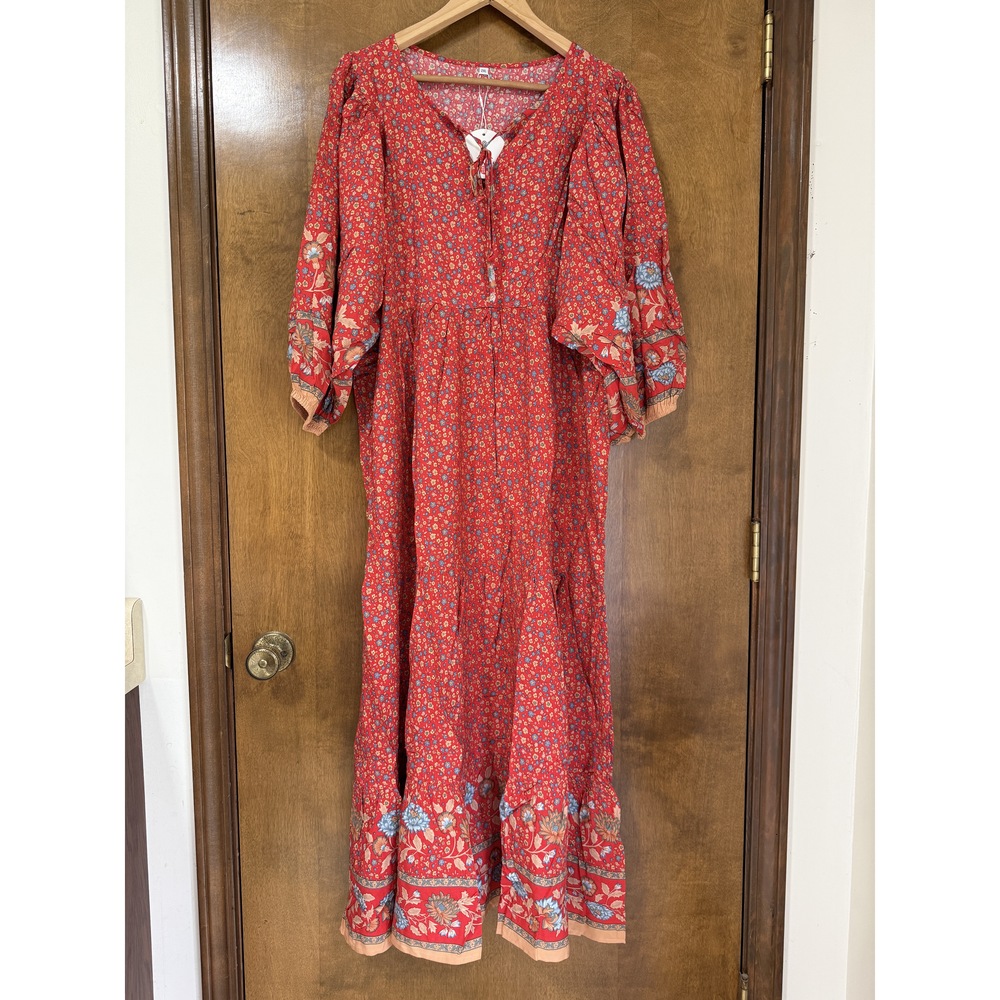 Red Floral Long Sleeve Button Front Maxi Dress 2XL - Picture 3 of 12